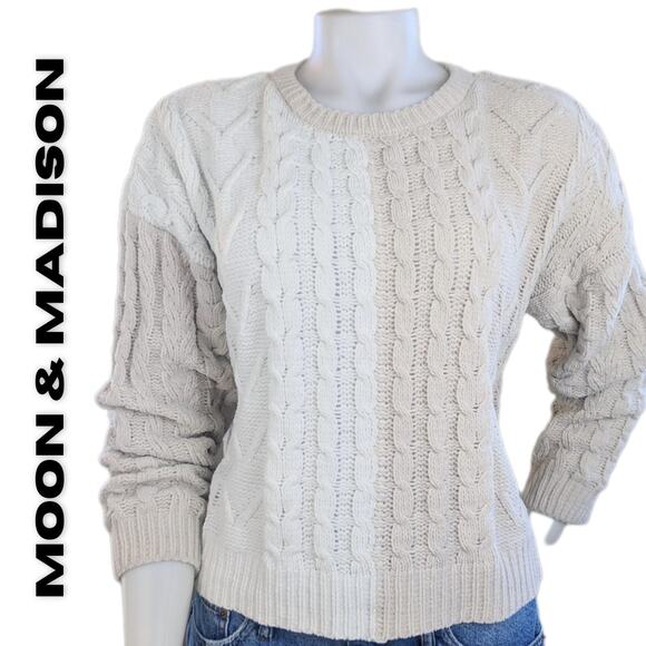Moon & Madison Sweater White Beige Colorblock Cable Knit Chenille Size Large - Picture 1 of 7